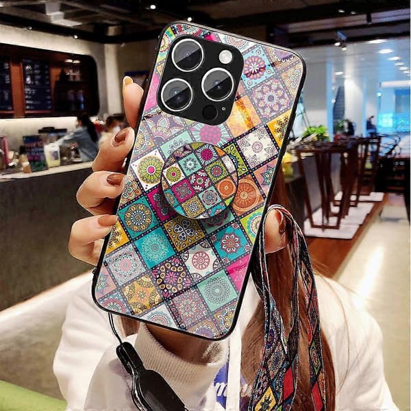 Deksel til iPhone 16 Pro Max med stativ, etnisk mønster, herdet glass og stropp Multicolor Checkered Pattern