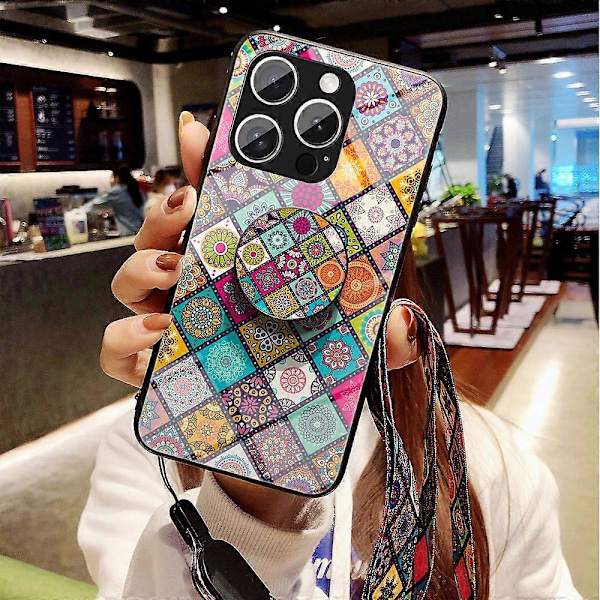 iPhone 16 Pro Max -kotelo, jalusta, etninen kuvio, karkaistu lasinen puhelinkuori hihnalla Multicolor Checkered Pattern