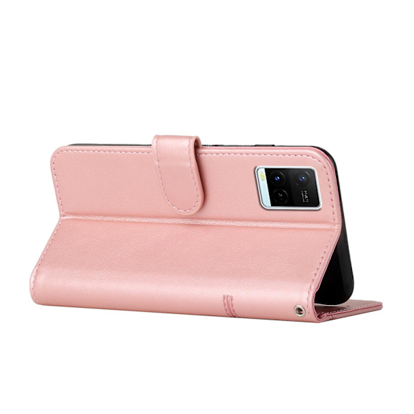 För Vivo Y33s / Y21s / Y21 Vikbart stativsömmar Pu- case Stativ Magnetstängning Stötsäker Flip Folio Cover med rem Rose Gold