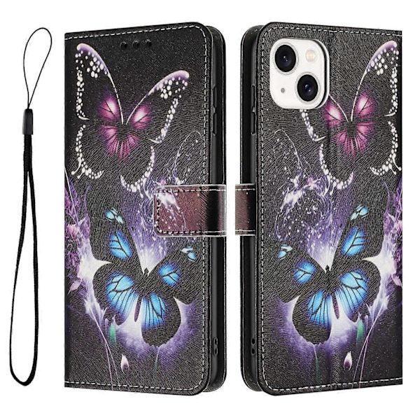 YX-2501 Plånboksfodral för iPhone 15 Plus/ 14 Plus Mönstertryck PU Läder Telefonskal med Snodd Multicolor Two Butterflies