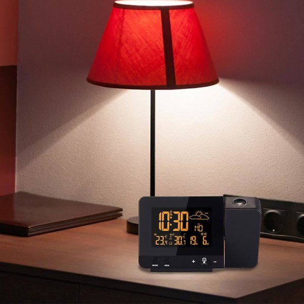 Väckarklocka LCD-skärm Väderstation 8 färgskärm LED Digital projektion Snooze Alarm för hemmet Black EU Plug
