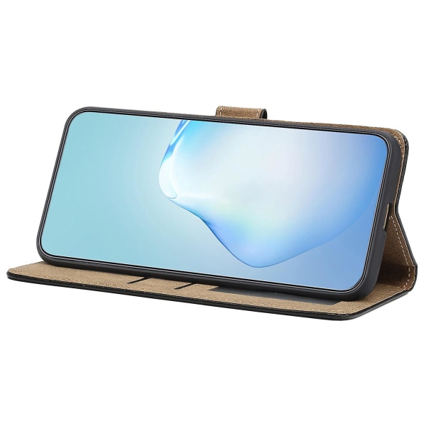 Læder Wallet Case til iPhone 15, Linje Præget Ko Læder Tekstur Stand Telefon Cover Black