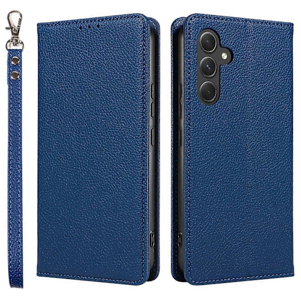 Til Samsung Galaxy A26 5G Etui Magnetisk Litchi Tekstur Tegnebog Læder Telefon Cover med Håndledsrem Multicolor Dark Blue