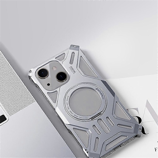För iPhone 15 Skal Ställ Ramlös Aluminiumlegering+Silikon Telefon Bumper Skydd Multicolor Style A