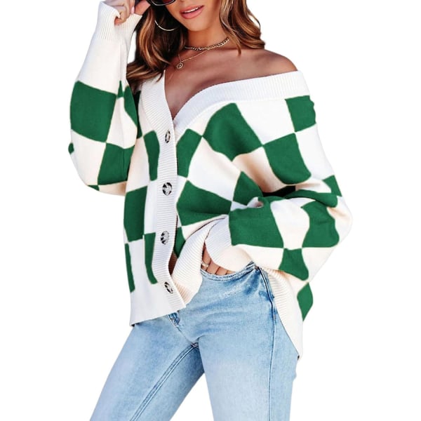 Dame Plaid V-hals Knap Ned Langærmet Kabelstrikket Oversized Cardigan Sweater Toppe Green Small