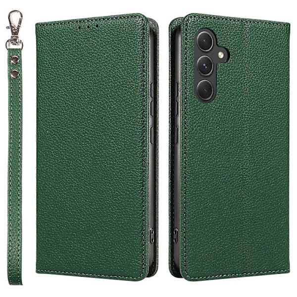 Til Samsung Galaxy A56 5G Etui Magnetisk Litchi Tekstur Tegnebog Læder Telefon Cover med Håndledsrem Multicolor Green