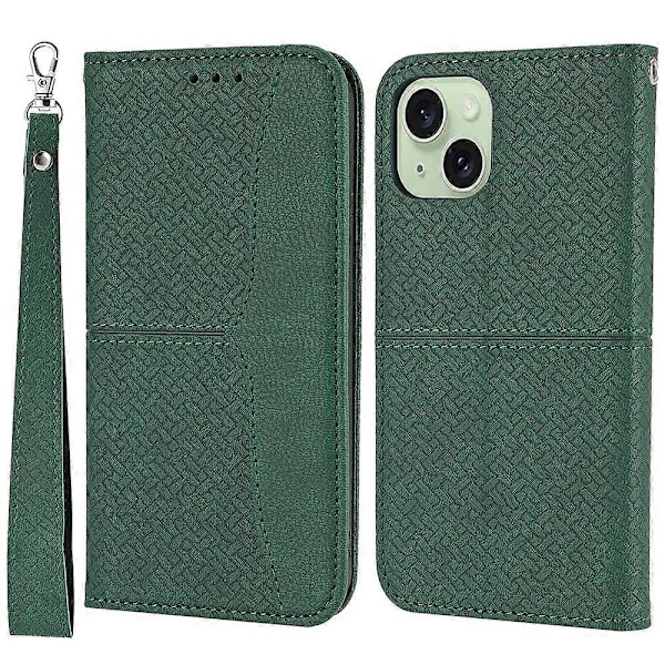 För iPhone 15 Plus Fodral Splitsad PU Läder Ställ Plånboksfodral med Rem Multicolor Style B