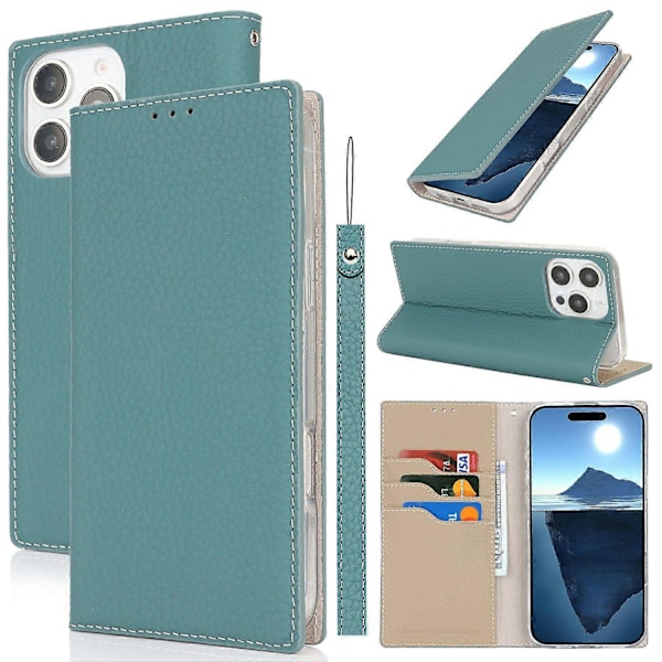 Plånboksfodral för iPhone 16 Pro Äkta Läder Telefonskal Litchi Textur Multicolor Style D