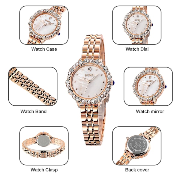 Skmei 1799 Helmi Timantti Pyöreä Kellotaulu Kvartsikello Naisille Rose Gold and White Surface