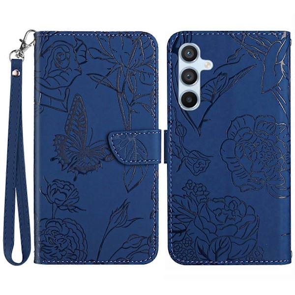 Fodral för Samsung Galaxy A55 5G med fjärilsmönster, läder och handledsrem Multicolor Style B