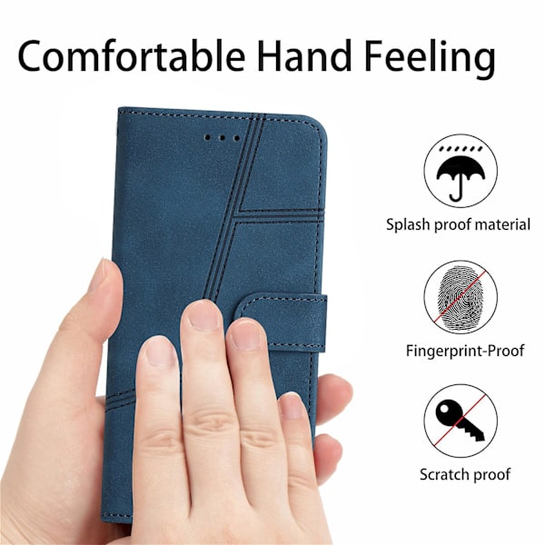 Retro PU læder wallet cover til Iphone 15 Pro - Hudvenlige linjer præget telefoncover med stativ Blue