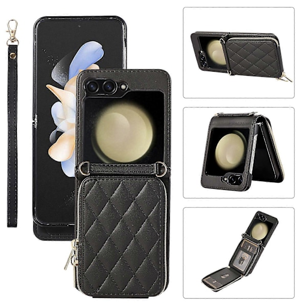 Til Samsung Galaxy Z Flip5 5G Etui Læder+PC Lynlås Telefon Cover med Håndledsrem Multicolor Style D
