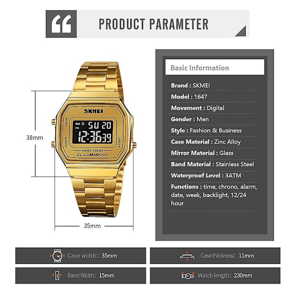 SKMEI Men Digital Business Watch Exakt tid Visning Datum Vecka Väckarklocka Bakgrundsbelysning 3ATM gold
