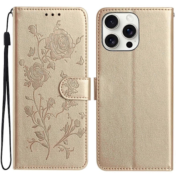 For iPhone 16 Pro Max Wallet Case Rose Mønster Præget Læder Flip Stand Telefon Cover Multicolor Gold