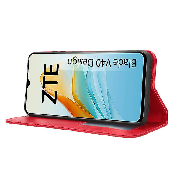 För Zte Blade V40 Design Pu Läderställ Phone Case Retro Cover Red