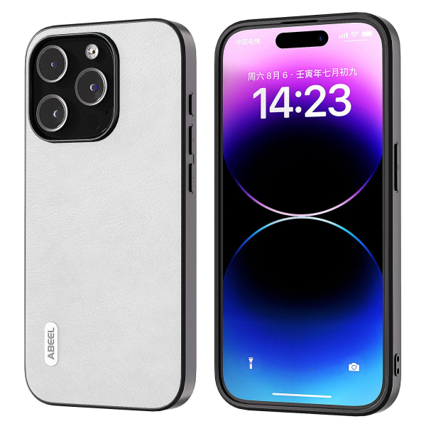 Bagside Cover til iPhone 15 Pro Telefon Cover Litchi Tekstur PU Læder Belagt TPU Stødsikkert Cover White