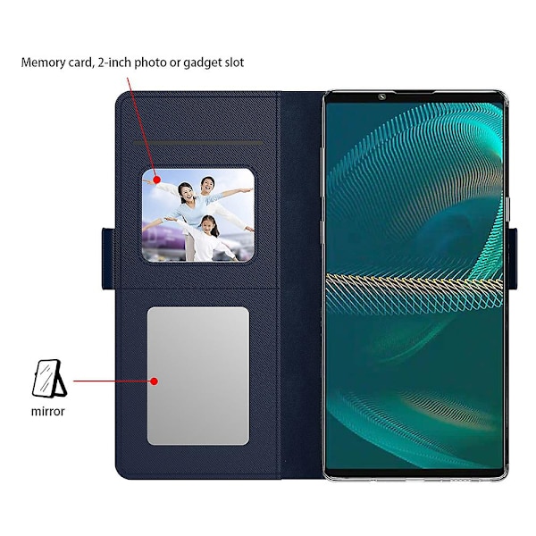 Iskunkestävä nahkakotelo Sony Xperia 1 V -puhelimelle, peilisuunnittelu, jalusta, korttipidike Blue