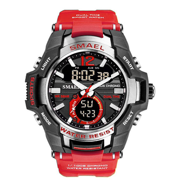 Smael Dual Time Army -urheilukello miehille, valoisa, vedenpitävä kvartsi digitaalinen rannekello herätyskellolla ja LED-taustavalolla sekä kalenterilla 1805 Red