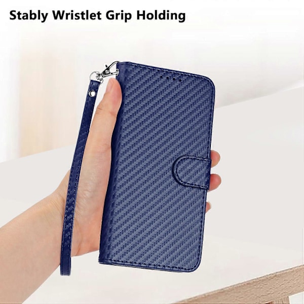 For iPhone 17 Pro Max Wallet Case med Rem Kulfibertekstur Læder Mobilcover Multicolor Royal Blue
