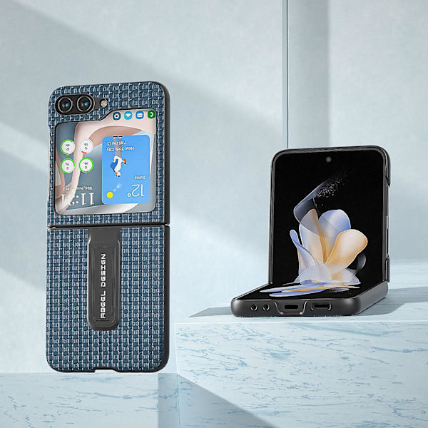 Ylellinen teksturoitu jalustakotelo Samsung Galaxy Z Flip5 5g -puhelimelle, aitoa lehmännahkaa + PC-puhelinkotelo Blue