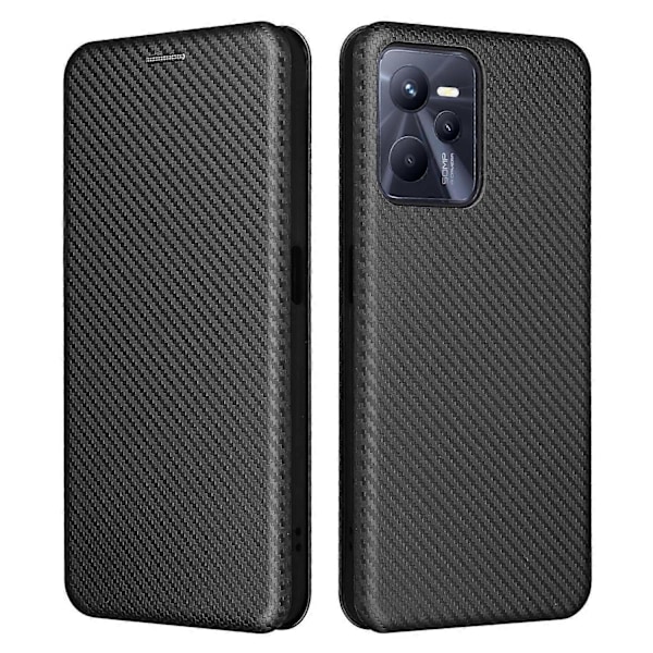 För Realme C35 Kolfibertextur PU Läder Ställ Fodral Magnetiskt Självabsorberande Flip Telefonskal