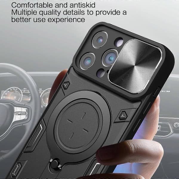 För iPhone 15 Pro Max Skjutbart Kameralock PC+TPU Anti-fall Skydd Ring Ställ Telefonfodral Multicolor Style A