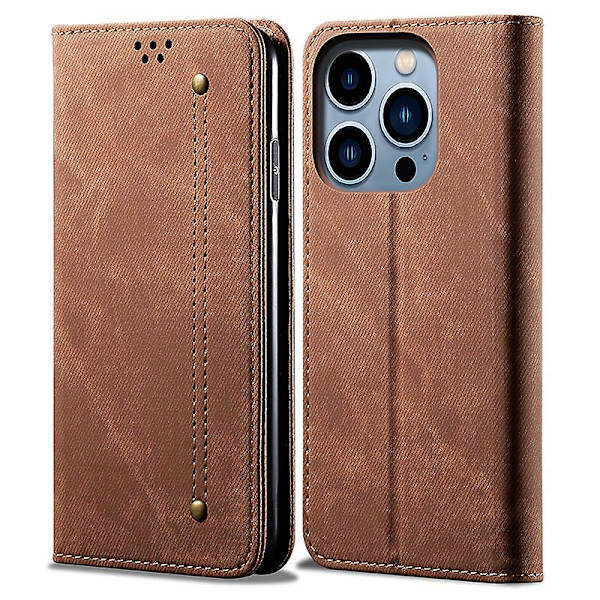 För Iphone 15 Pro Pu Läder Phone case Jeans Tyg Texture Plånboksställ anti-scratch Cover Coffee