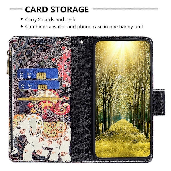 BF03 Mönstrat Fodral med Dragkedja i PU-läder för Xiaomi Redmi Note 13 Pro 4G/Poco M6 Pro 4G Multicolor Flowers and Elephant