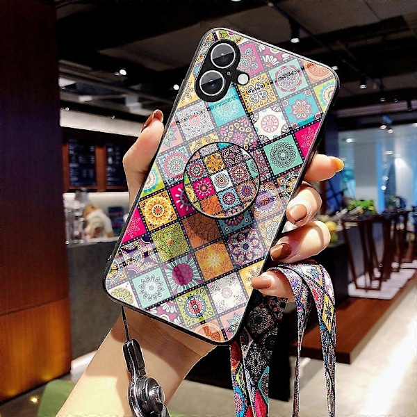 Skal till iPhone 16 Plus med Stöd Etniskt Mönster Härdat Glas Telefonskydd med Rem Multicolor Color Pattern