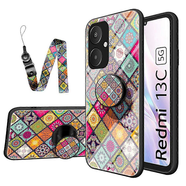 Til Xiaomi Redmi 13C 5G/13R 5G/Poco M6 5G Hærdet Glas Cover Blomstermønster Støtteben Cover Multicolor Color Pattern