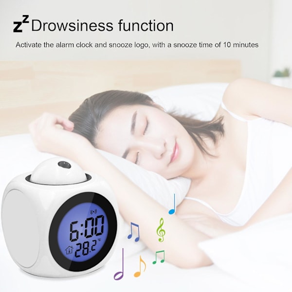 Projektionsur Multifunktionel Skærm Alarm Tid LED Ur White