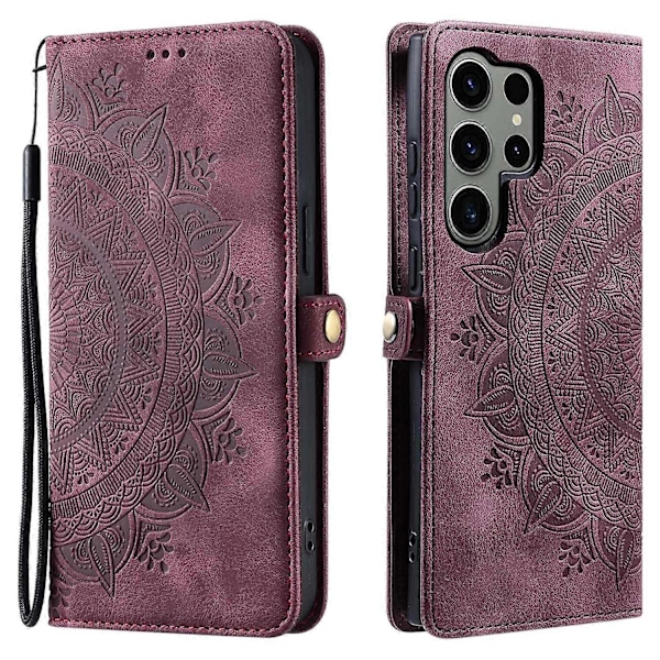 Tyyli 016 Samsung Galaxy S24 Ultra -kotelolle, ihon tuntuinen toteemikuvioitu lompakko nahkainen puhelinkotelo Multicolor Wine Red
