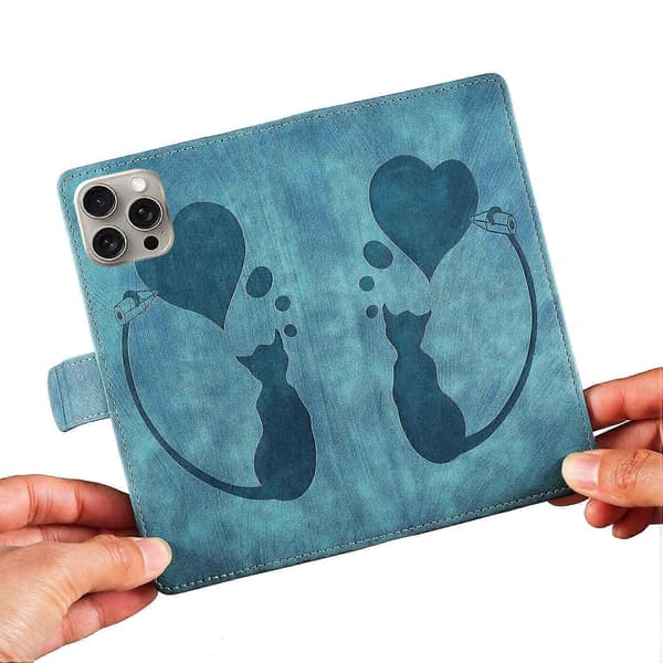 Til iPhone 16 Pro Max Cover Hjerte Kat Foldbart Stativ PU Læder Telefon Cover - Grøn Multicolor Blue