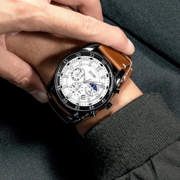 Skmei 9249 Herre Månefase Kalender Stoppeklokke Quartz Klokke Brown Silver