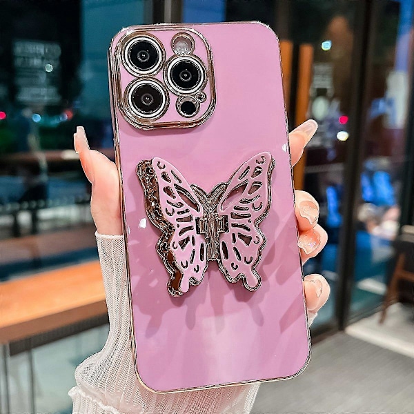 iPhone 16 Pro -kotelo perhosjalustalla, TPU-galvanointi, puhelinkuori - Musta Multicolor Purple