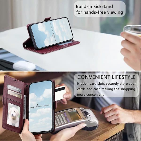 Læderetui med rombemønster, tegnebogsstativ og håndledsrem til Samsung Galaxy A35 5G Multicolor Wine Red