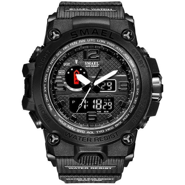 Smael klockor för män 50 m vattentät klocka Alarm Reloj Hombre 1545d Dual Display Armbandsur Quartz Military Watch Sport Ny Herr BLACK