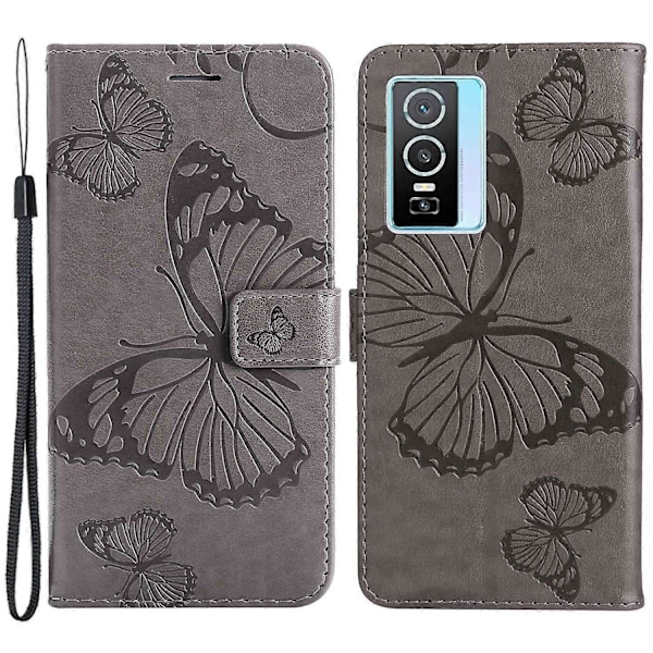 KT Imprinting Flower Series-2 til vivo Y76 5G PU Læder Bog Stand Case med Præget Sommerfugl