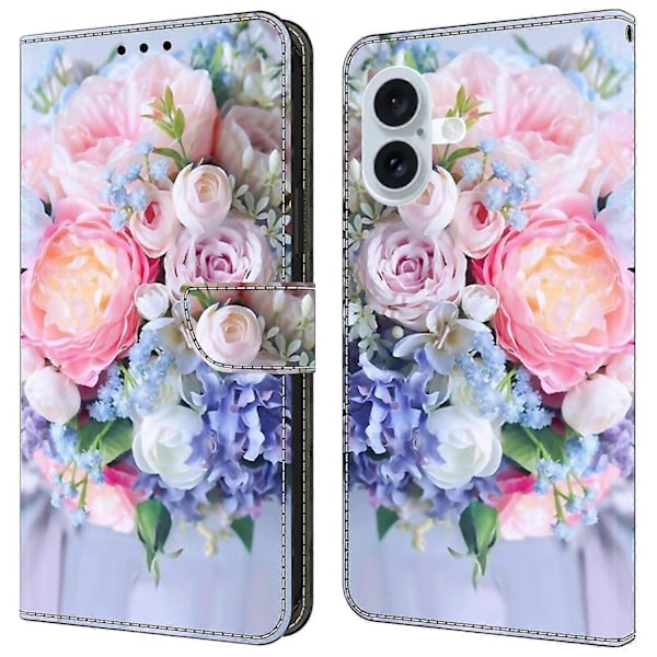 iPhone 16 Plus -lompakkokotelo magneettilukolla ja 3D-kuviollisella nahkapuhelinkuoressa Multicolor Style L