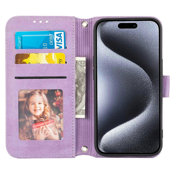 För iPhone 15 Pro Max Skal Präglat Läder Ställ Stöttåligt Telefonskal med Rem Multicolor Style A