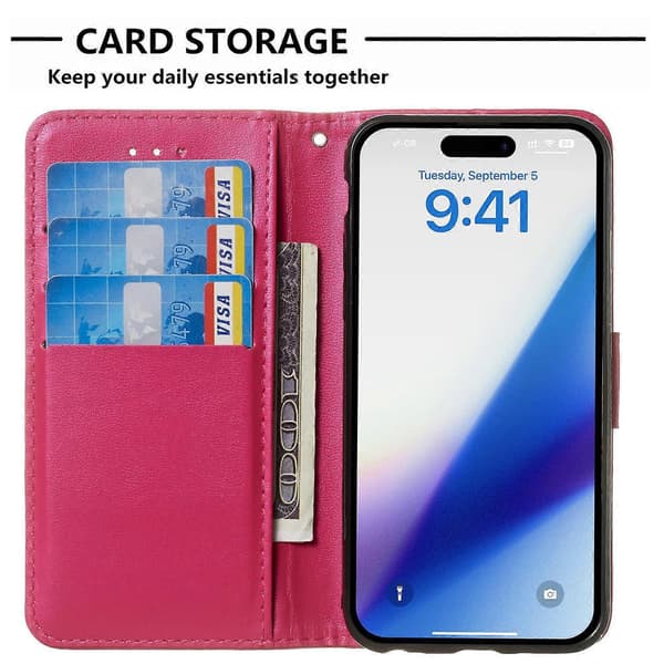 För iPhone 15 Anti-fall Enfärgad PU Läder Plånboksfodral Vikbart Ställ Mobilskal Multicolor Style E
