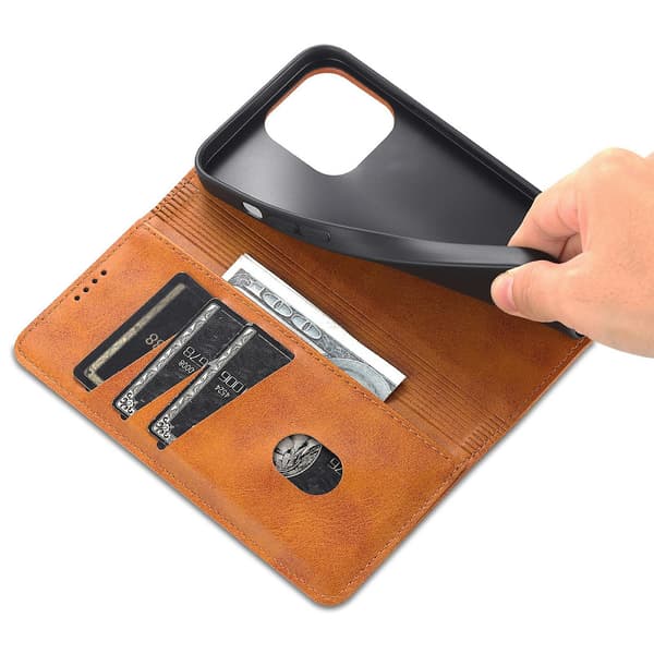 För Iphone 15 Pro Max Pu Läderplånbok Cover Stativ Case Brown