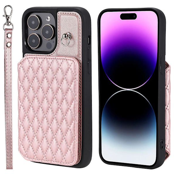 Phone case för Iphone 15 Pro Max Rfid Blocking Pu Läderbelagd TPU-skal med handledsrem Rose Gold