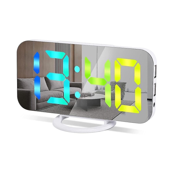 RGB Digital Vækkeur Til Soveværelse, 6,5 Tommer HD & Spejl Display Med 4 RGB Skiftende Farver Og 7 R