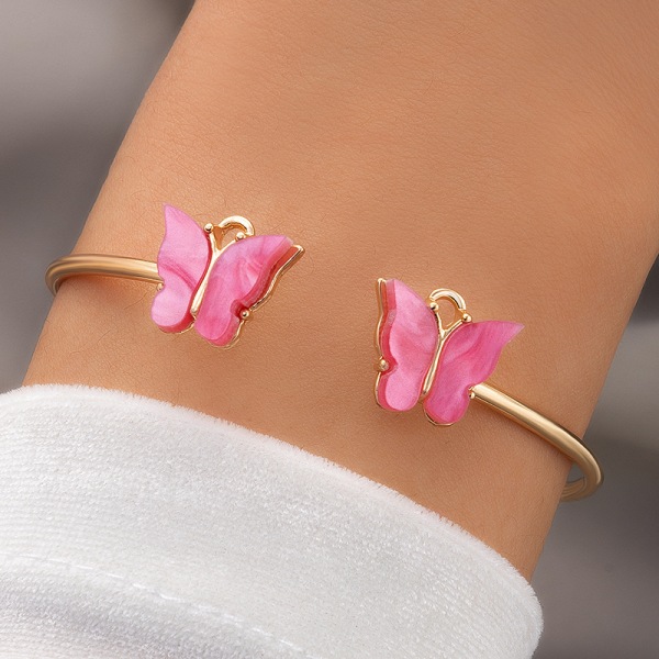 23020-Pink Fashion Dam Butterfly Imitation Gemstone Skelett Fyra Layers Armband Geometric Skeleton Armband Set