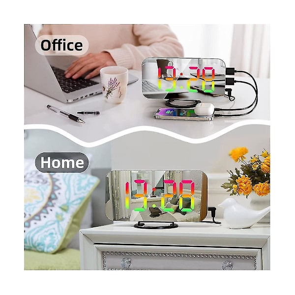 RGB Digital Vækkeur Til Soveværelse, 6,5 Tommer HD & Spejl Display Med 4 RGB Skiftende Farver Og 7 R