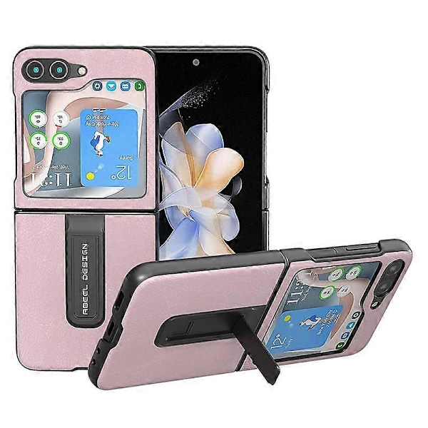 För Samsung Galaxy Z Flip5 5G Mobilskal med Kohudstruktur PU Läderbelagd PC Ställ Multicolor Style C
