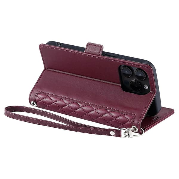 Lærdeksel med rombemønster, lommebokstativ og håndleddsstropp til iPhone 15 Pro Multicolor Wine Red