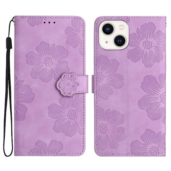 PU-læder telefonpung med blomsterprægning og flip-stativ til iPhone 14 Plus Multicolor Style E