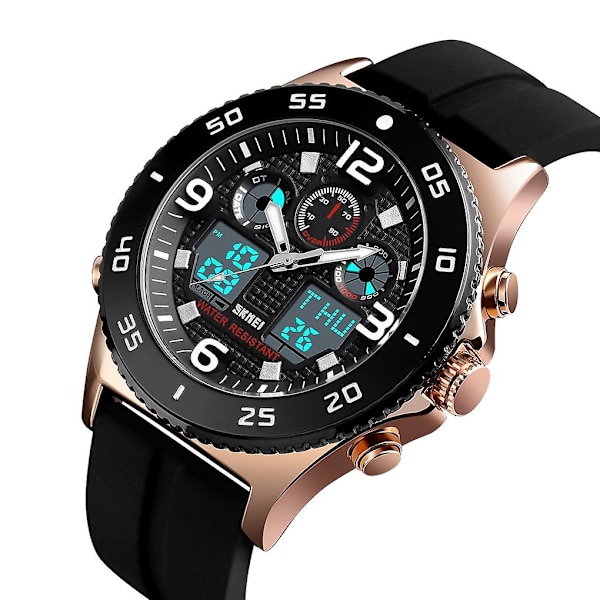 Skmei 1538 Multifunktionelt Ur Stort Urskive Stålbælte Herre Casual Sports Elektronisk Ur Rose Gold-Silicone Belt